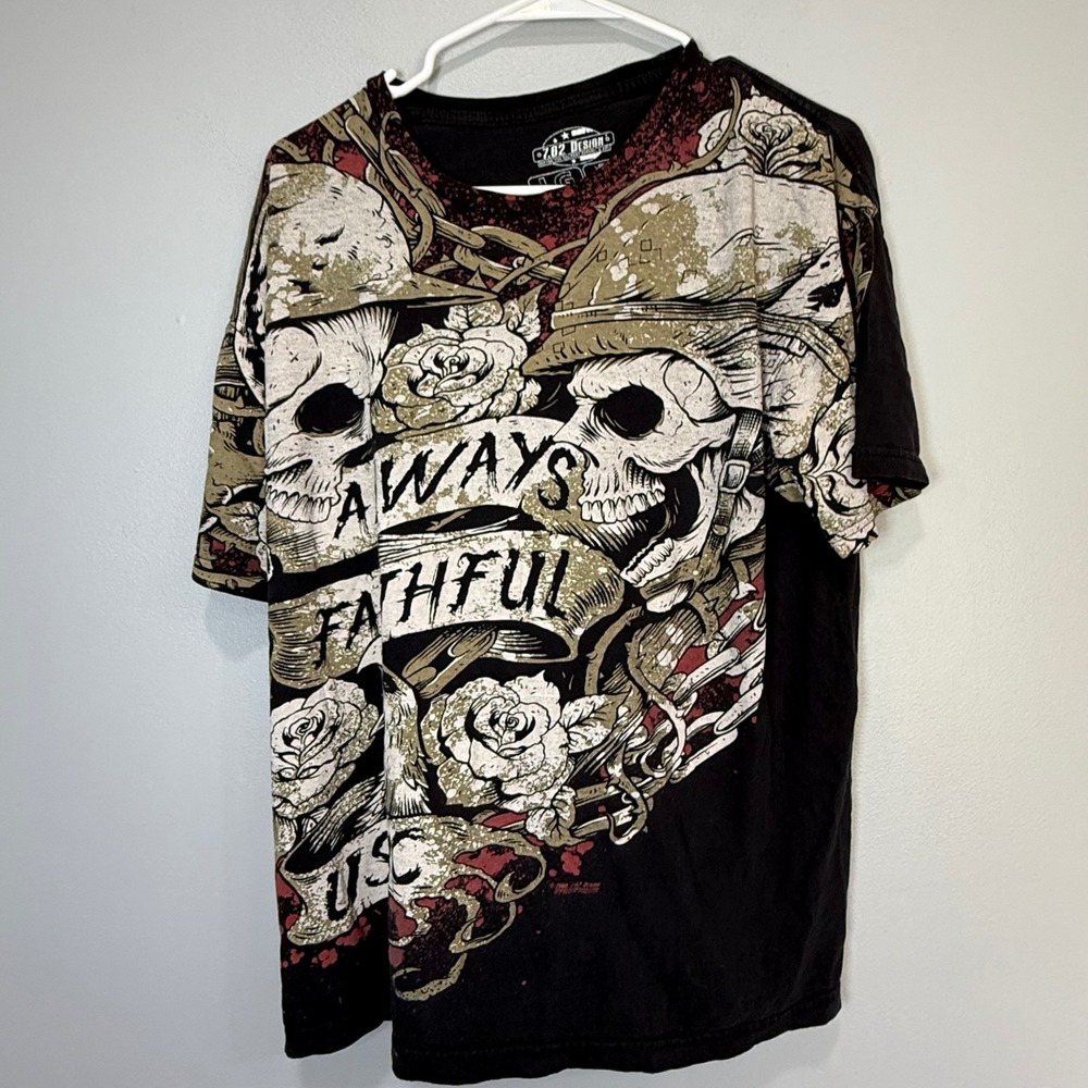 7.62 Design USMC Always Faithful Skull Graphic T-Shirt Mens Large Black Military